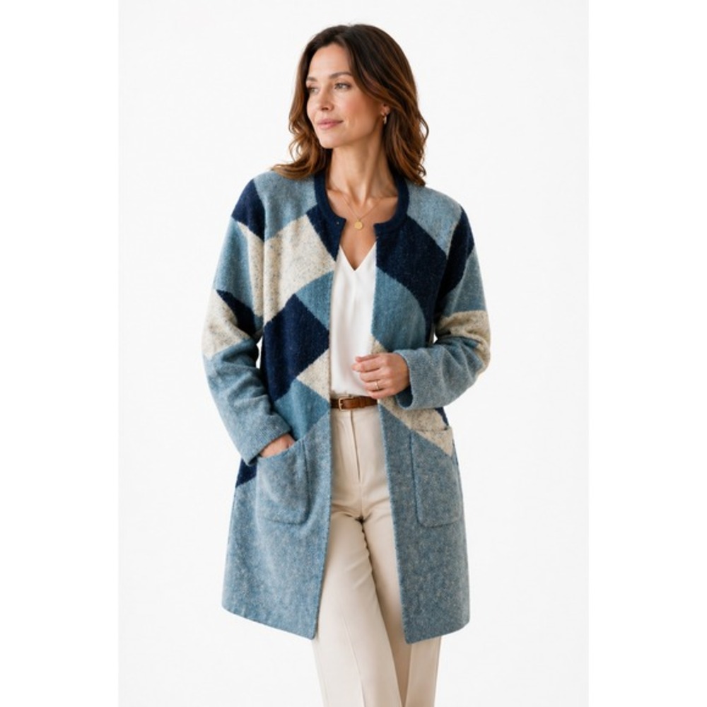 Denim & Co. Blue Colorblock Knit Cardigan Long Open Front Sweater Jacket Women S